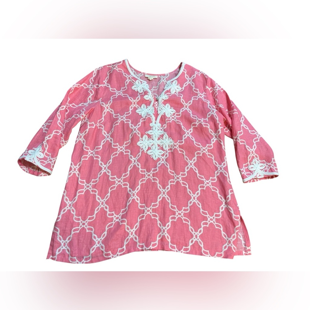 Charter Club Luxury Pink Embroidered Linen‎ Tunic Top Boho Coastal Style Sz XL - Picture 7 of 10